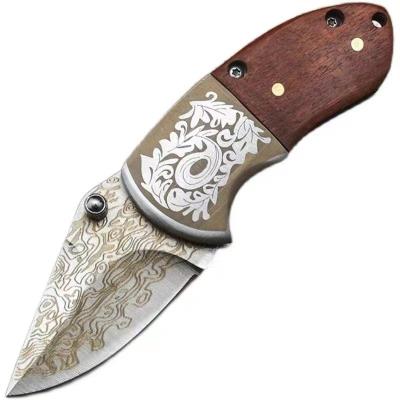 China Custom Non-variable Folding EDC Pocket Damascus Knife Edge Folding Blade Kwtchain Steel Wood Handle for sale