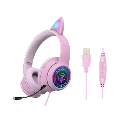 China Colorful Headband AKZ-023 LED Light Cat Ear Headphone Wired Computer Gaming Headset With MIC Kids Game Earphone for sale