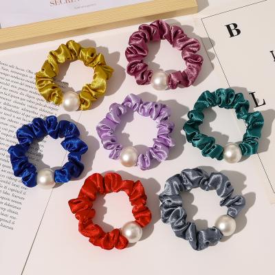 China Newest Custom Designer Solid Color Hair Scrunchies Women Accessories Fabric Elastic Hair Band Hair Ties With Pearl Girls for sale