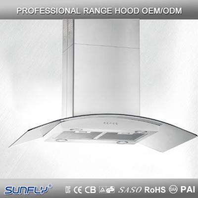 China Stainless Steel And Tempered Glass Push Switch Curve Island Glass Hood With Big Suction for sale