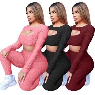 China Autumn and winter new women's solid color anti-pilling hollow out yoga exercise two-piece suit for sale