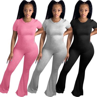 China Nine Piece Jumpsuit Sexy QUICK DRY Casual Wear Crewneck Short Sleeve Flare Pants Overalls For Women for sale