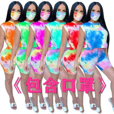 China QUICK DRY Women's Fashion Tie Dye Around Neck Home Leisure Sports 2 Piece Shorts Set (Including Mask) for sale