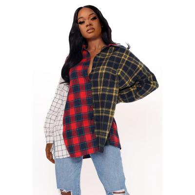 China Women's Nightclub Wear Plaid Patchwork Contrast Shirt Tops Anti-pilling Ladies Fashion Blouses for sale