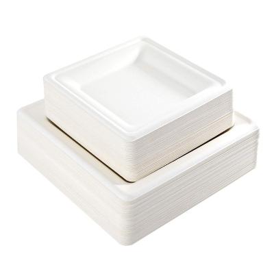 China 6 8 10 Inch Square Plate Disposable Biodegradable Compostable Paper Sugar Cane Pulp Bagasse Dinner Food Dishes for sale