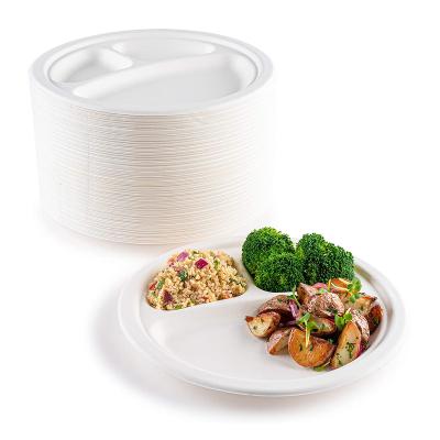 China 9 Inch Transitional 10 Inch Round Dishes 3 Compartment Plate Sugar Cane Bagasse Plate Disposable Tableware for sale