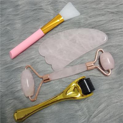 China Jade Scraping Set Facial Roller Natural Stone Portable/Hand Held Rose Quartz Facial Roller Massage for sale