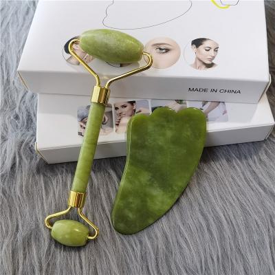 China Custom Facial Logo Anti Aging Jade Roller Gua Sha Roller Portable/Handheld Plants Set For Face Lift Massage for sale