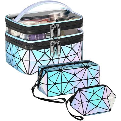 China 3Pcs Design Women's Holographic Toiletry Bags Luminous Geometric Cosmetic Bags Multifunctional Holographic Portable Travel Makeup Bags Set for sale