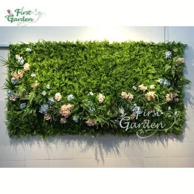 China Cheap Factory Price Customized Eco-friendly Artificial Green Plants Hydrangea Leave Decoration Wall Panel Backdrop for sale