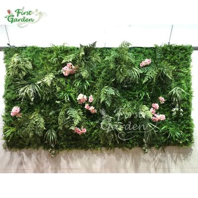 China Eco - Friendly Artificial Green Pink Plants Hydrangea Leave Fern Decoration Wall Panel Backdrop Customized for sale