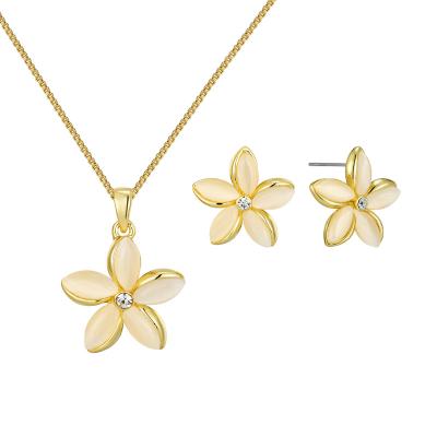 China Wholesale Trendy Fashion Alloy Opal Gold Flower Shape Earring Necklace Gifts For Women Jewelry Set for sale