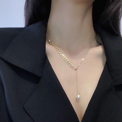 China Fashion style simple jewelry wholesale titanium necklace women wheat ear pearl clavicle temperament Korean steel chain pendant for sale