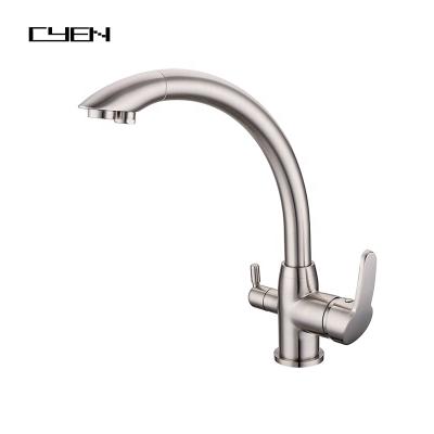 China 2022 Electric Faucets CYEN New Arrival Double Handles Deck Mounted Brushed Nickel Water Filter 3 Way Kitchen Sink Faucet for sale