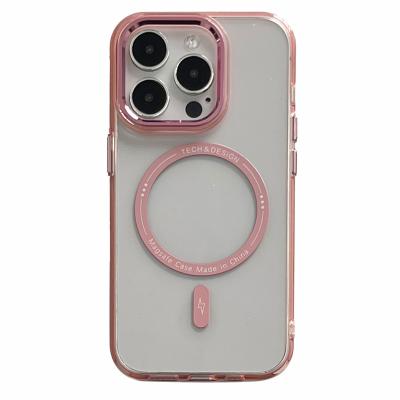 China Shockproof Macaron PC transparent color super magnetic charging shockproof case for Apple phone 15pro 14promax  13 large hole lens ring for sale