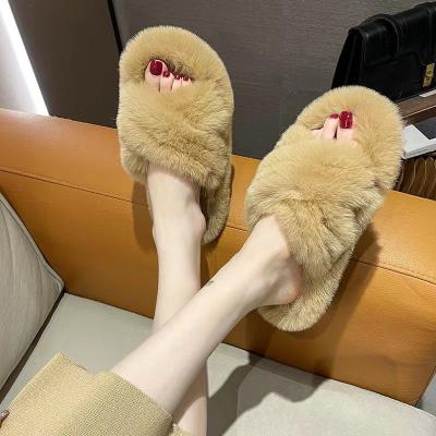 China Autumn and winter new cross woolly slippers female fashion furry home cotton mop net red soft bottom lazy flip-flops 111 for sale