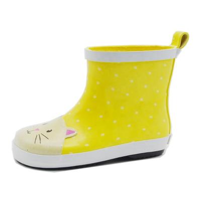 China Wellington Waterproof Short Size Boots Cute Yellow Cat Printing Rubber Rain Boots For Baby Kids for sale