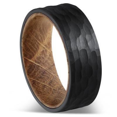 China Vintage Hammered Wood Ring Black Faceted Steel Barrel Sollid Ring Tungsten Men's Wedding Band for sale