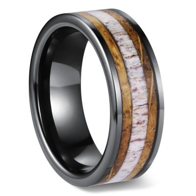 China R008 casual/sporty wholesale Antler and wood grain inside black lnlay ceramic ring for men wedding bands deer rings unique men jewelry 2020 for sale