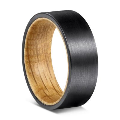 China R006/sporty/casual natural oak wood black bezel rings unique rock style inlay wood grain men's engagement ring flat barrel bands dropshipping for sale