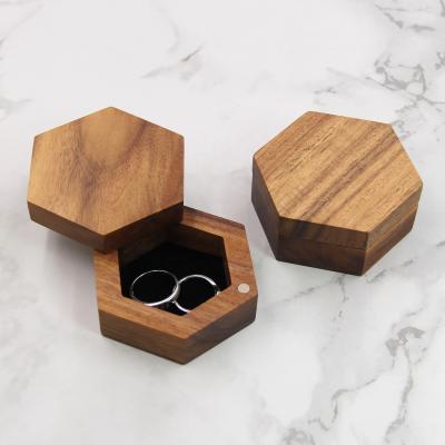 China Wooden Walnut Wood Hexagon Shape Jewelry Box Engagement Wedding Ring Box Natural Wood Crafts for sale