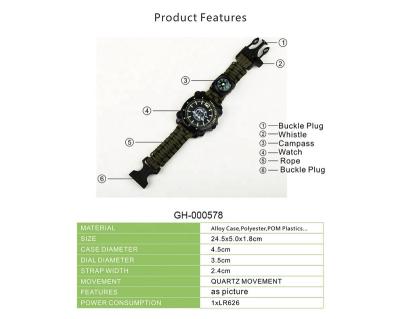 China Factory Wholesale Multifunctional Multi Function Camping Survival Rescue Paracord Wristband Outdoor Rise Military Waterproof Watch for sale