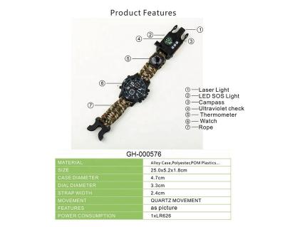 China Multifunctional Outdoor 7 in 1 Multi Function Camping Emergency Travel Length Paracord Survival Military Waterproof Adjustable Watch for sale