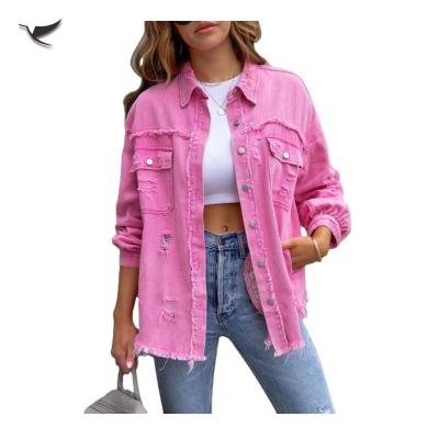 China Anti-Wrinkle Women Long Sleeve Jeans Shirt Top Ladies Hole Ripped Coat Women's Jacket Denim Blouses for sale