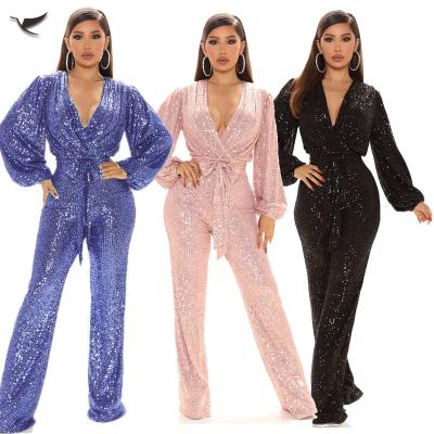 China Autumn Women's Wide Leg Overalls Lady Sexy V-neck Long Sleeve Sequined Solid Sequined One-piece Luxury Fashionable QUICK DRY Sparkle for sale