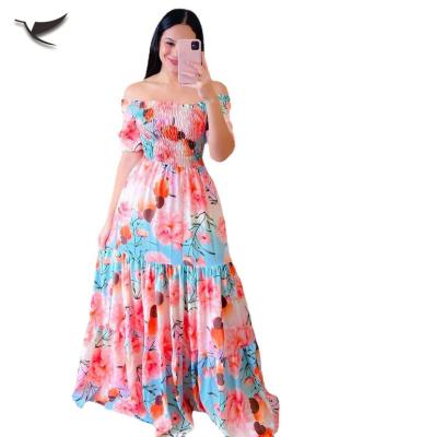 China Anti-Wrinkle Women Summer Beach Bohemian Dress Off Shoulder Maxi Dresses 2023 Floral Casual Women Rainbow Long Shoulder Dress for sale