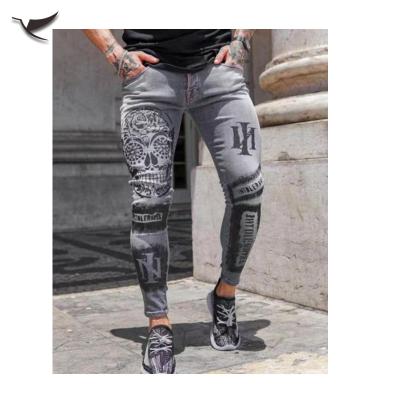 China Plus size men's fashion jeans breathable skull printing men's pencil pants denim men's jeans trousers for sale