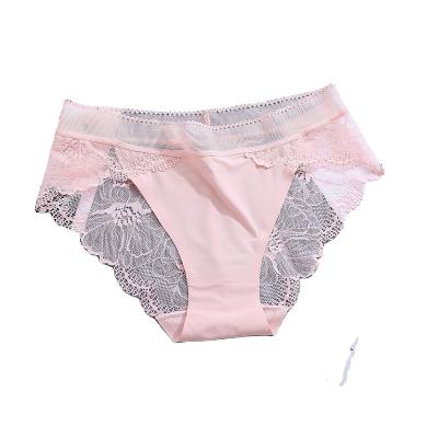 China QUICK DRY Seamless Underwear Woman Waist One Piece Panties Lace Mid Back With Lace Folder Traceless Underwear Women Ice Silk Panties for sale