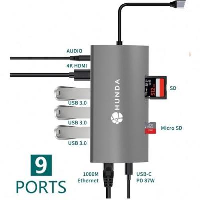 China Hunda 9-in-1 USB3.0 Type C Reader VGA Port Charging Hub SD Card Aluminum Alloy for sale