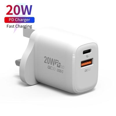 China Custom Type C Mobile Phone 20W USB C Cell Phone Charger PD QC3.0 Dual USB Wall Charger 20watt Charger For iPhone for sale