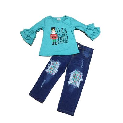 China Preppy Style GirlyMax Winter Christmas Girls Long Sleeve Shirt Baby Blue Jeans Set for sale