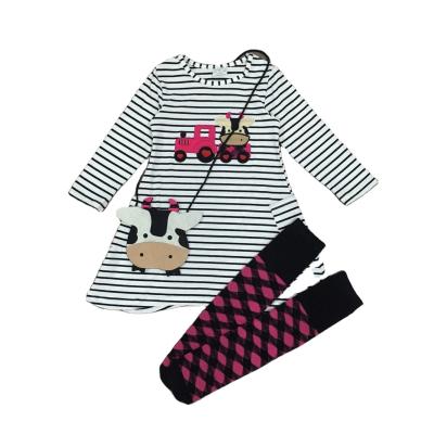 China Anti-wrinkle spring girl farm pig tractor cow embroidered with sock, long purse sleeve stripe V-day dress for sale