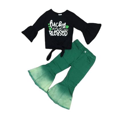 China Winter Girls Lucky Long Sleeve Black Top Bell Bottom Green Jeans Casual St. Patrick Outfit for sale