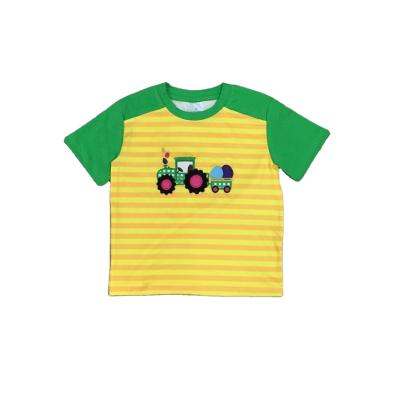 China Anti-pilling Egg Spring Summer Boys Easter Clothes Tractor Embroidered Stripe Yellow T-Shirt for sale