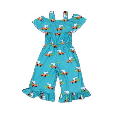 China Anti-pilling Baby Spring Bunny Carrot Car Print Blue Clothes Rabbit Easter Romper for sale