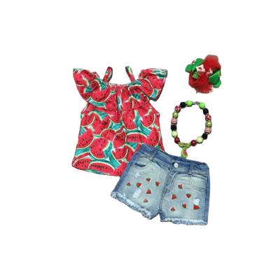 China Watermelon Print Casual Babies Summer Shirt Denim Shorts Red Jeans Outfit for sale