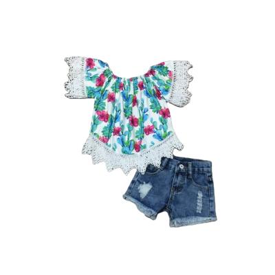 China Summer Casual Babies Floral Lace Shirt Jeans Shorts Outfit for sale