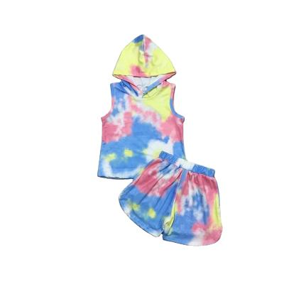 China Tie Dye Casual Summer Spring Sleeveless Hoodie With Shorts Baby Gilrs Outfit for sale