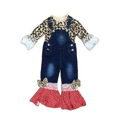 China GirlyMax Winter Spring Girls Casual Leopard Long Sleeve Lace Up Denim Overall Baby Bell Upper Bottom Outfits for sale