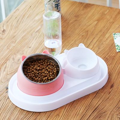 China Automatic Pet Feeder Plastic Cat Food Dog With Water Fountain Double Bowl Drinking Stand Dish Raised Bowls for sale