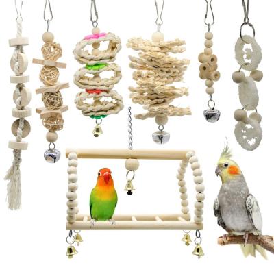 China 7pcs wooden bird toys Cockatiel parrot toys and accessories are perched primary color parkiet speelgoed toy parrot for sale