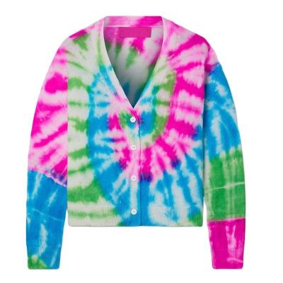 China custom Anti-wrinkle OEM and ODM women print sweaters sleeveless knitwear tie dyed v-neck long knit ladies knitted sweater cardigan women for sale