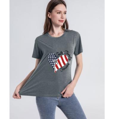 China Breathable Ready to ship stocklot women's USA heart flag letter print spring summer American European short sleeve t shirt in stock for sale