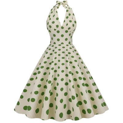 China RTS Stocklot Hepburn Vintage Floral Polka Dot Print Halter Halter Dress Women's Sexy Backless Flare A Line Prom Dress In Stock for sale