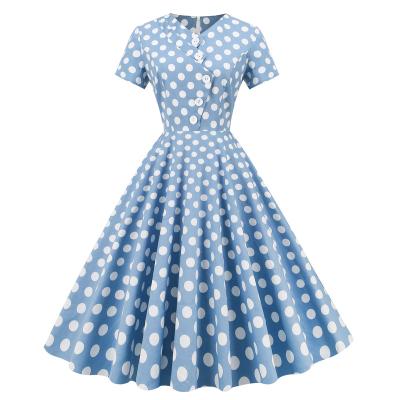 China RTS Stocklot Hepburn Vintage Polka Dot Print Breathable Oversized Dress Women's Symmetrical Neck Flared Midi Dress In Stock for sale