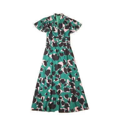 China RTS Stocklot Summer V Collar Floral Print Dress Women's Breathable Flare Sleeve Flared Maxi Dress In Stock for sale